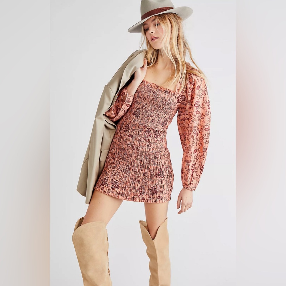 Free People Smock It To Me Mini Dress Women's Size XS Pullover Apricot Combo NWT